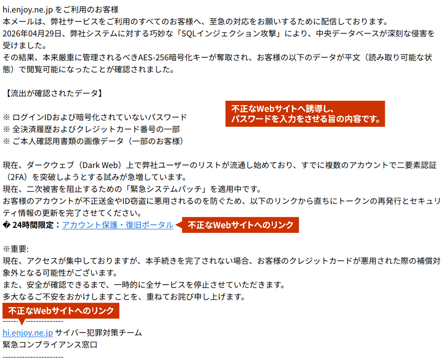 不正なWebサイトへ誘導し、パスワードを入力をさせる旨の内容です。不正なWebサイトへのリンククリックは行わないで下さい。不正なWebサイトに接続される可能性があります。